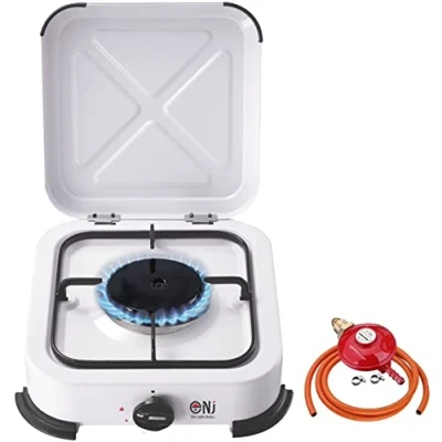 Image of NJ 01 Camping Gas Stove Portable Single Burner Cooker Hob with Lid for Outdoor LPG 2.2 kW (Propane 37mbar Screw on)
