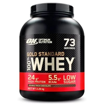 Image of Optimum Nutrition Gold Standard 100% Whey Muscle Building and Recovery Protein Powder With Naturally Occurring Glutamine BCAA Amino Acids, Double Rich Chocolate Flavour, 73 Servings, 2.26 kg