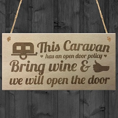 Image of RED OCEAN Open Door Policy Caravan Campervan Wooden Hanging Plaque Shabby Chic Sign Best Friend Alcohol Birthday Gift