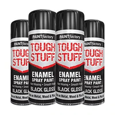 Image of Classic Signature 4 x Enamel Black Gloss Spray Paint 400ml Tough Stuff Hard Wearing Smooth Aerosol for Metal Wood and Plastic