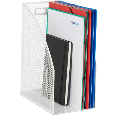 Image of Relaxdays File Organiser, Standing, Mesh Design, Office &amp; Home, H x W D: 32 16 24.5 cm, Metal, White, Steel