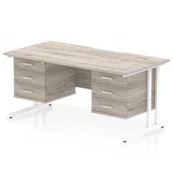 Image of Impulse 1600 x 800mm Scalloped Edge Office Desk Grey Oak Top White Cantilever Leg Workstation 2 3 Drawer Fixed Pedestal