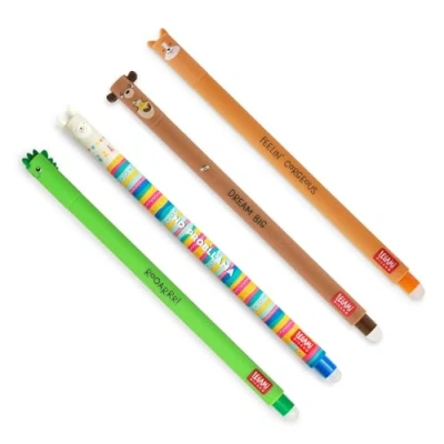 Image of Legami Set of 4 Erasable Gel Pens, Teddy Bear, Corgi, Llama Themes, Ball on the End for Removing Ink, Black, Blue, Green, Red Heat Sensitive Tip Diameter 0.7 mm
