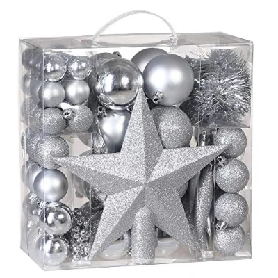 Image of CASARIA® 77Pcs Christmas Tree Bauble Set Baubles Hearts Stars Cones Star Matte Shiny &amp; Glittery Hanging Balls Decorations Pack Elegant Silver