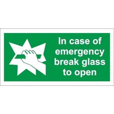 Image of in Case of Emergency Break Glass to Open Safety Sign 1.2mm Rigid Plastic 200mm x 100mm (Pack 5)
