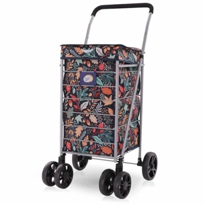 Image of Hoppa Lightweight 6 Wheel Premium 2024 Model Folding Shopping Trolley Extra Large 75.6L Capacity Bag, 95cm, 5.25kg, Push/Pull (Leaf Black)
