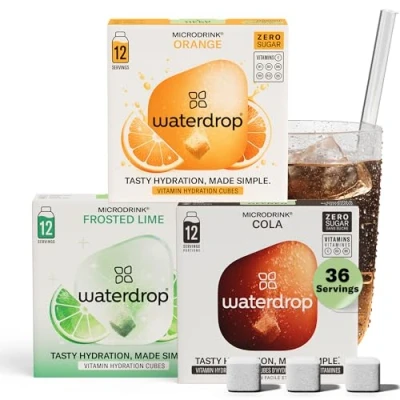 Image of waterdrop® Microdrink Fizzy Drinks Set Cola Orange Lime Water Flavouring Hydration Tablet 36 Sugar Free Drink Cubes Enriched with Vitamin C and B