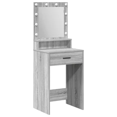 Image of vidaXL Grey Sonoma Vanity Table/Desk Rectangular Mirror Makeup Station with LED Lights, Drawers 50 x 41 135 cm