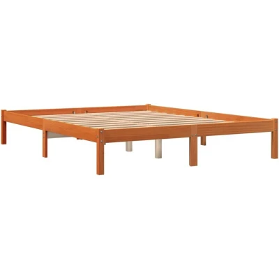 Image of vidaXL Solid Pine Double Bed Frame Wax Brown, Wood, Modern Style, Plywood Slats, 160x200 cm, Compatible with Standard Mattresses