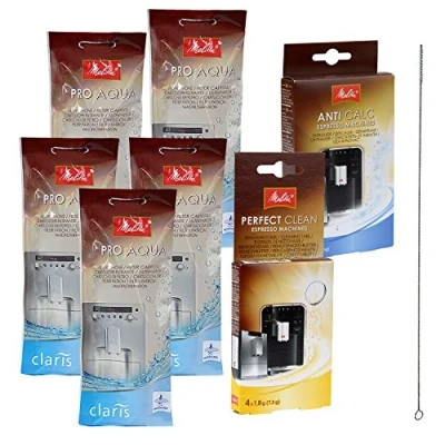 Image of 5 x Melitta Pro Aqua Water Filter + Anti Calc Descaling Powder Perfect Clean Cleaning Tabs Quvido Brush