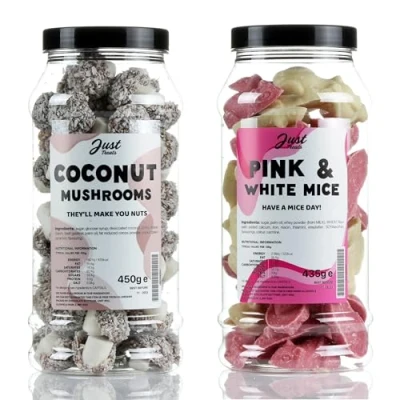 Image of Just Treats Coconut Mushrooms and Pink White Mice Sweet Gift Jars of Earthy Meet 7,26