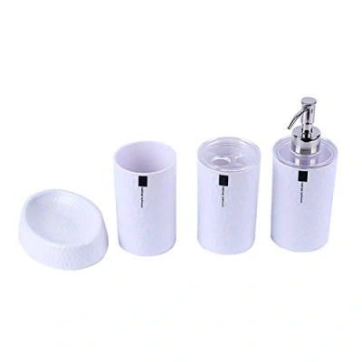 Image of London Boutique 4 Pieces Bathroom Accessory Set Soap Dispenser Toothbrush Holder Tumbler Dish White Black Brown (White)