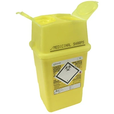 Image of Sharpsafe 1L YELLOW BIO HAZARD BLADE SYRINGE NEEDLE CLINICAL LABELLED WASTE SHARPS BOX BINS