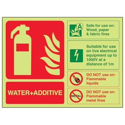 Image of V Safety Glow In The Dark Water Additive Id Fire Extinguisher Sign 150mm x 100mm Rigid Plastic