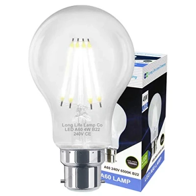 Image of Long Life Lamp Company 2 Pack Filament 4w LED Light Bulb Cool White B22 Bayonet Clear Glass A60
