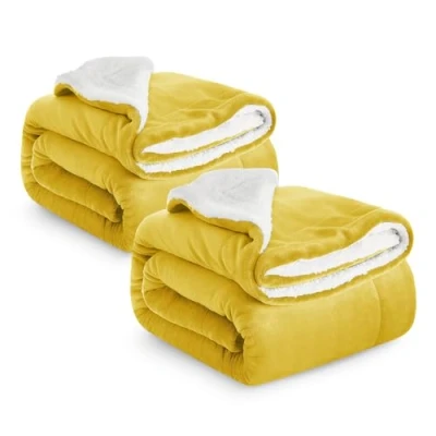 Image of Imperial Rooms Sherpa Fleece Blanket Pack of 2 Bed Throws Blankets For Sofas Soft Fluffy Thick Reversible Microfiber Throw (Ochre, Double (150 x 200 Cm))