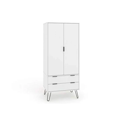 Image of Home Source 2 Door Wardrobe Cupboard, Industrial Storage Cabinet, White Finish, Drawer, Engineered Wood