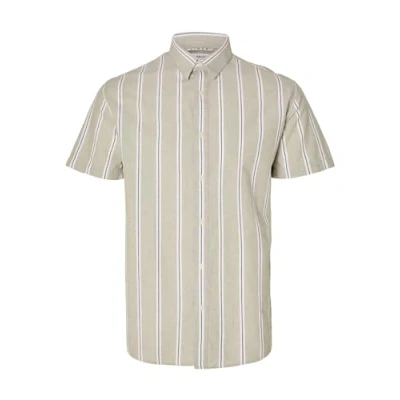 Image of SELECTED HOMME Men&#039;s Slhreg New Linen Shirt Ss Noos Short Sleeved, Vetiver/Stripes: Stripes, XL