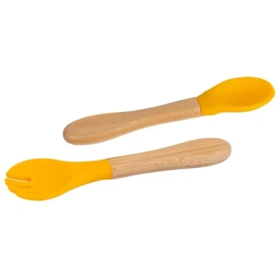Image of 2pc Yellow Bamboo Baby Weaning Fork &amp; Spoon Set Small Toddler Kids Childrens First Self Feeding Food Cutlery Utensils by Tiny Dining