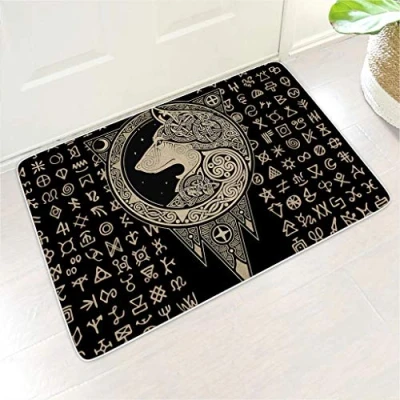 Image of Firelife Viking Runes Wolf Doormat Rubber Door Mat Entrance Dirt Trap for Indoor and Outdoor Use, Black, 45x75 cm