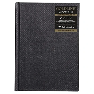 Image of Clairefontaine Ref 34247C Goldline Casebound Pad (64 White Sheets) A6 (148 x 105mm) Size, 140gsm Paper, Portrait Layout Black Cover Suitable for Dry Techniques