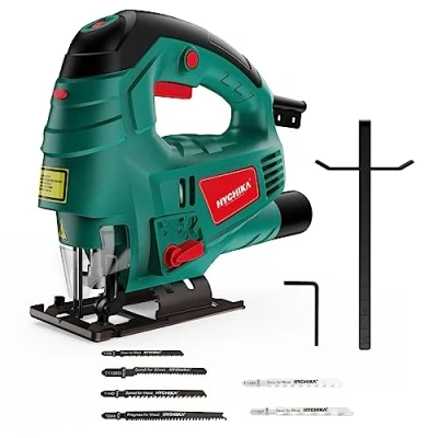 Image of HYCHIKA Jigsaw, 800W Max Cutting Depth 110mm for Wood, 800 3000SPM Electric Jigsaw with Laser, 7 Variable Speeds, 0 3 Orbital Sets, Bevel Cutting: 45 to 45, 6 Blades