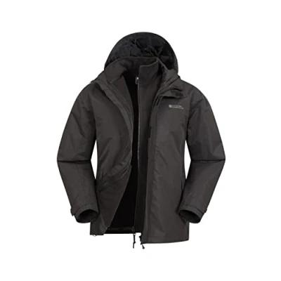 Image of Mountain Warehouse Fell Mens 3 in 1 Water Resistant Jacket Adjustable Coat with Packaway Hood, Detachable Inner Fleece &amp; Many Pockets For Hiking Outdoors Black XL