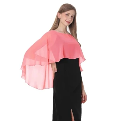 Image of Baoqiya Women&#039;s Capelet Shawls and Wraps for Evening Dresses Soft Bridesmaid Shawl Chiffon Cape Wedding Cover Up, Coral, One Size