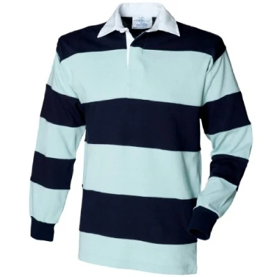 Image of Front Row Heavy Duty Cotton Sewn Stripe Duck Egg Blue and Navy Rugby Shirt (XXL 48 inch Chest)