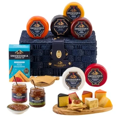 Image of Snowdonia Cheese Company Indulgent Hamper Gift Basket 6 Award Winning Cheeses, Chutney, Spelt &amp; Natural Yoghurt Crackers Delivered Chilled