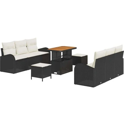 Image of vidaXL 9 Piece Garden Sofa Set with Cushions Black Poly Rattan Acacia