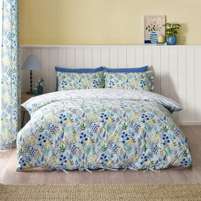 Image of Catherine Lansfield Tilly Floral Reversible Single Duvet Cover Set with Pillowcase Blue