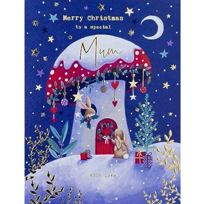 Image of Paperlink Special Mum Christmas Card Rabbits in a Toadstool House Embossed with Foil Details Eco Friendly and Recyclable, 203 x 153mm, Navy, Gold, White, Green, Red