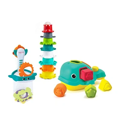 Image of INFANTINO Ocean Fun Bathtime Playset Including Orca The Shape Sorting Whale, Shoot &#039;n Scoop pals and 8 Colourful Stacking Cups, BPA Free