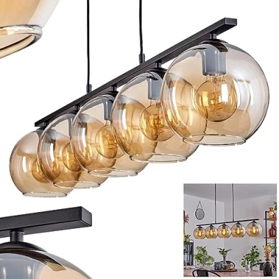 Image of Koyoto Pendant Light, Hanging Light Made of Metal/Glass in Black/Amber, Retro/Vintage Design with Glass Shades (Ø 20 cm), 5 Flame, Height max. 116.5 cm, x E27, Bulbs not Included