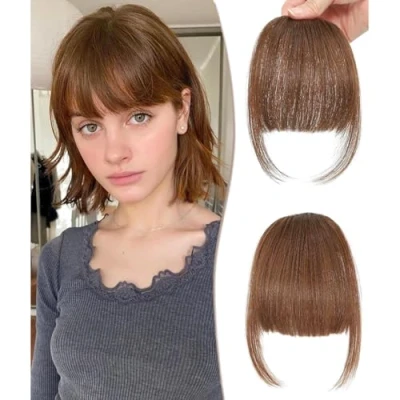 Image of DYbeautyhair Clip in Fringe Bangs 100% Human Hair Extensions Air With Temples Hairpieces Curved For Women Daily Wear (Medium Brown, Neat Bangs)