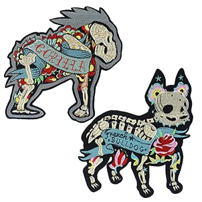 Image of Embroidery Gorilla and Dog Patches Flower Skull Bones Appliqued Clothes T Shirt Decorated Iron on Sewing Fabric Badge 2piece