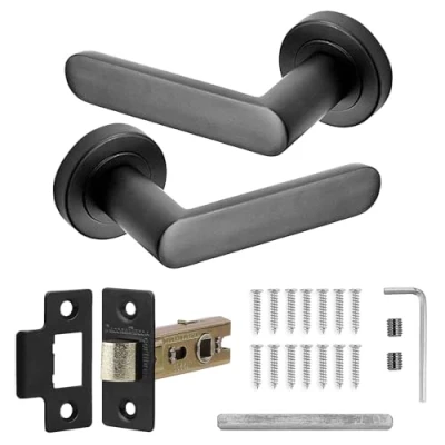 Image of Decoranddecor Echo Matt Black Door Lever Handles 54mm Round Rose Aluminium Latch Kit