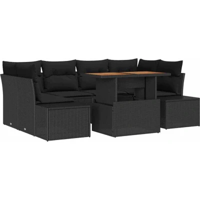 Image of vidaXL 7 Piece Garden Dining Set with Cushions Black Poly Rattan Acacia