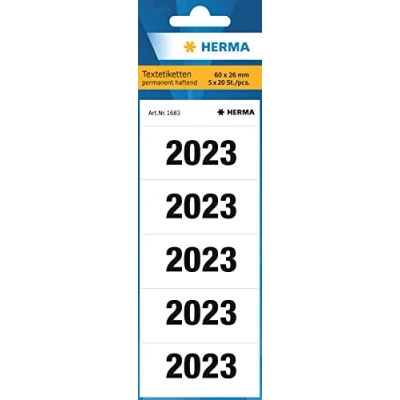 Image of HERMA Year Number Stickers 2023 for Folders, 100 Labels, 60 x 26 mm, 5 Labels per Sheet, Self Adhesive Lever Arch Files, Sticky Opaque Coloured Sticker, White