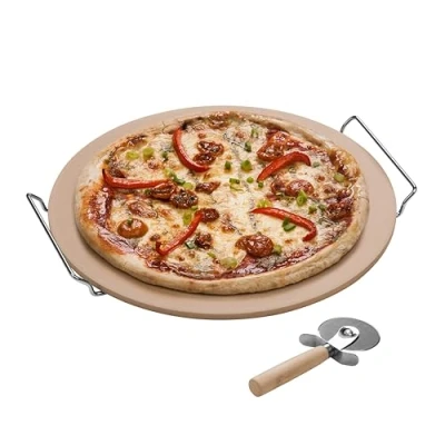 Image of Premier Housewares Pizza Stone and Cutter Set, Stoneware Board/Chrome Stand, 4 x 40 38 cm, Natural