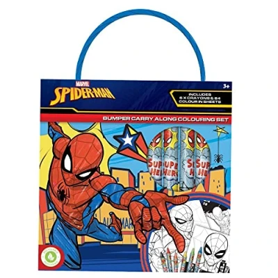 Image of Design Group Marvel Spiderman Bumper Carry Along Set Crayons &amp; Colouring Sheets Party Favour