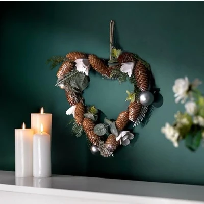 Image of Marco Paul Traditional Rustic Sage Christmas Wreath Garland Heart Shaped with Faux Eucalyptus, Flowers and Pinecones Decorations Hanging Ornaments Xmas Indoor Home Decor