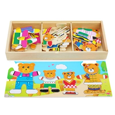 Image of TOWO Wooden Bear Family Dress up Puzzle Box Sorting and Matching Jigsaw Toys for 3 year old Puzzles years girls