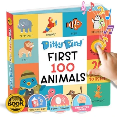 Image of Ditty Bird Talking Books 100 Animals Words for Vocabulary &amp; Speech Learning Board Toddlers 1 3 Children&#039;s Interactive Toddler with Great Pictures Sturdy Baby Sound