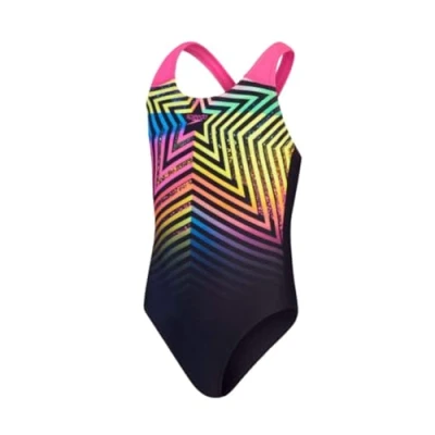 Image of Speedo Junior Girl&#039;s Digital Placement Splashback Swimsuit Chlorine Resistant Printed Design Swimming Lessons, Black/Lemon Drizzle/Flare Pink/True Cobalt/Harlequin Green, 11 12 Years