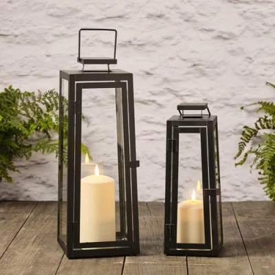 Image of Lights4fun Set of 2 Decorative Black Metal Battery Operated TruGlow® LED Candle Lanterns with Timer Warm White Indoor Outdoor Use