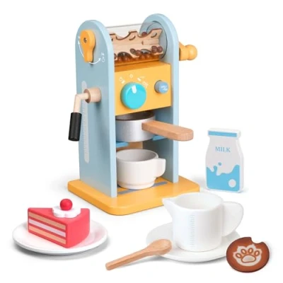 Image of ICEKO Wooden Coffee Machine Toy , 11 pcs Kitchen Accessories Set, Kids Play Playset with Moving Parts and Realistic Sounds, Ideal for Cafe Shop Role