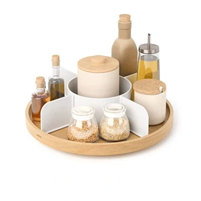 Image of Umbra Bellwood Lazy Susan Turntable Countertop Organizer, Revolving Cupboard Spice Rack Condiment Holder, White/Natural