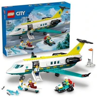 Image of LEGO City Emergency Air Ambulance Airplane Toy Medical Plane Model 3 Minifigures incl. a Doctor and Pilot, plus Snowscooter, Stretcher &amp; Tools, Gift for 6+ Year Old Boys 60465
